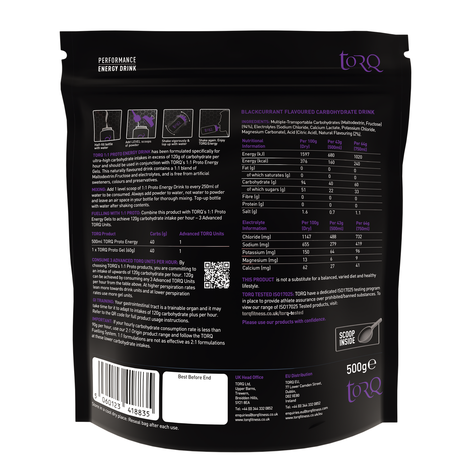 1:1 Proto Black Currant Energy Drink Mix - 500g (12serv) Pouch