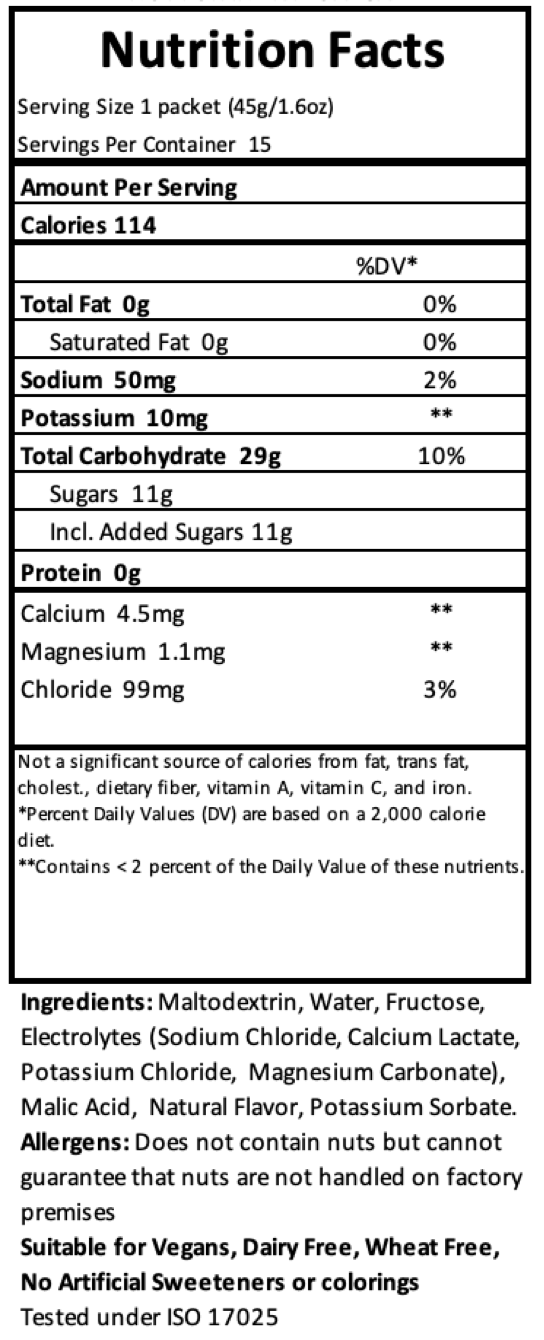 Nutrition facts label for a product with detailed information on calories, macronutrients, and ingredients.